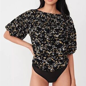 Free People Intimately Dessa Black White and Yellow Floral Bodysuit Small Boho